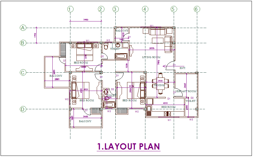 Layout plan of 3 BHK flat dwg file