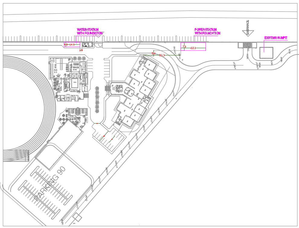 Layout of SOG school of power station with foundation, Water station and existing sumpit were given in 2D DWG drawing file Download the DWG Autocad file.