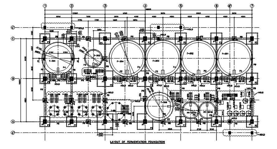 Layout of fermentation foundation details are given in this 2D Autocad WG drawing file.  Download the Autocad DWG drawing file. 