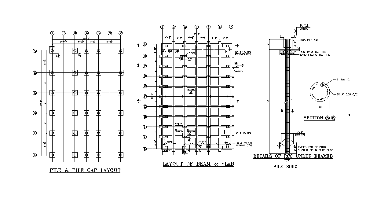 Layouts of beam slab and pile cap details are given in this Autocad file.  Download the 2D Autocad DWG drawing file.