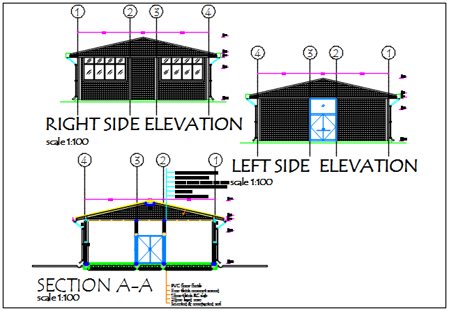 Left side elevation and right side elevation and section A-A’ detail dwg file