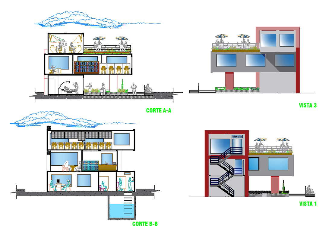 Library and education center building elevation and section cad drawing details dwg file