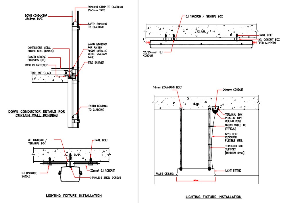 Lighting Fixture Installation In Wall And Slab Drawing DWG File