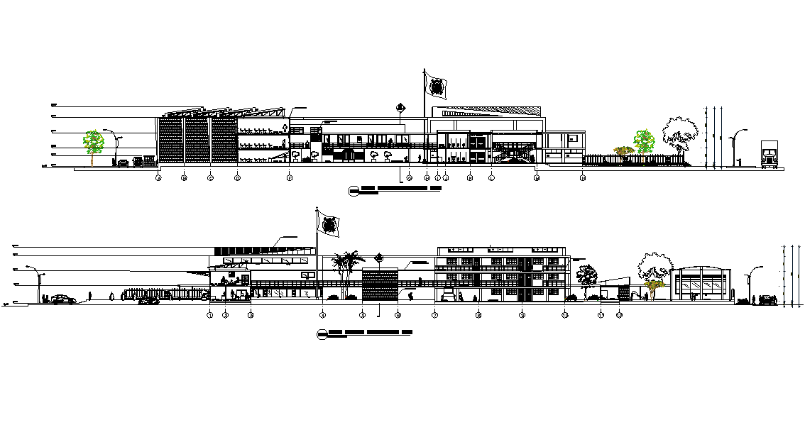 Longitudinal section school elevation detail dwg file