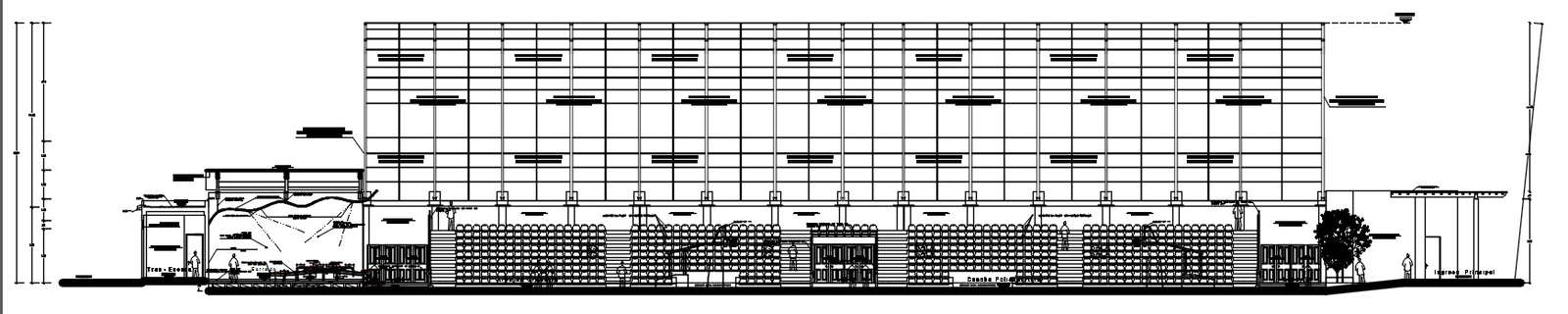 Longitudinal section B-B of the sports stadium design in AutoCAD 2D drawing, CAD file, dwg file