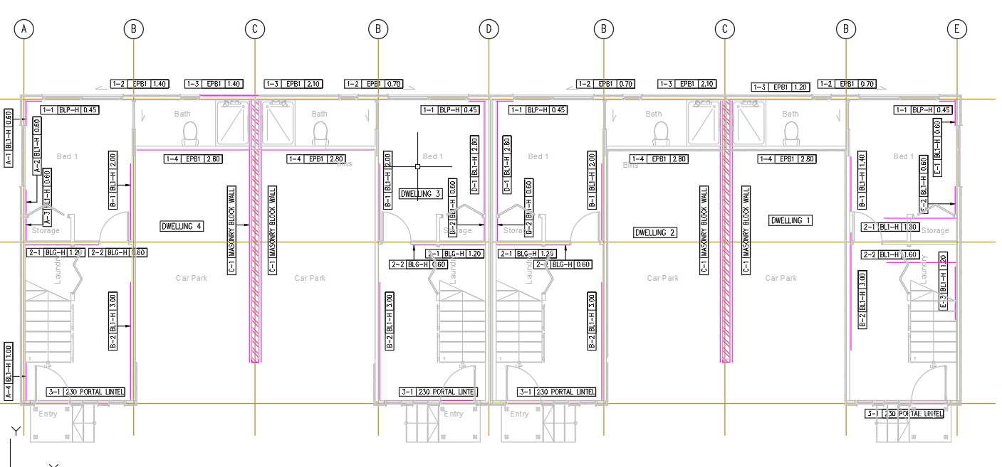 Lot 1-4 ground floor bracing layout plan design in AutoCAD 2D drawing, CAD file, dwg file