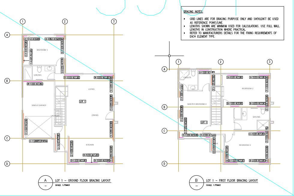 Lot 1 ground floor and first floor bracing layout plan design in AutoCAD 2D drawing, CAD file, dwg file