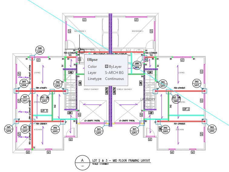 Lot 2&3 mid floor framing layout plan design is given in AutoCAD 2D drawing, CAD file, dwg file