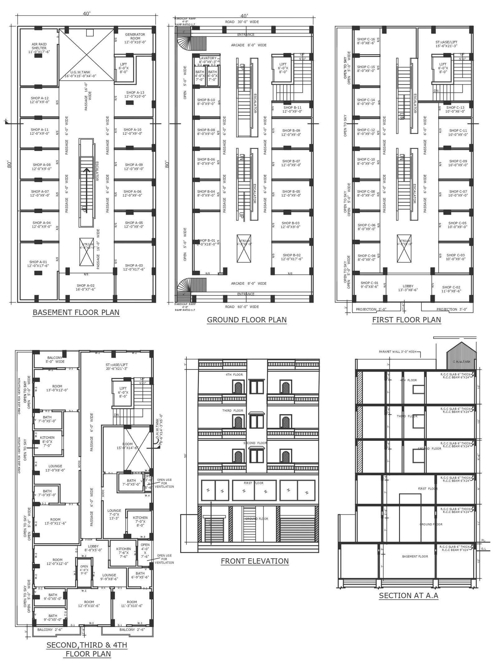 Low rise apartment design with section detail of every floor DWG autoCAD drawing