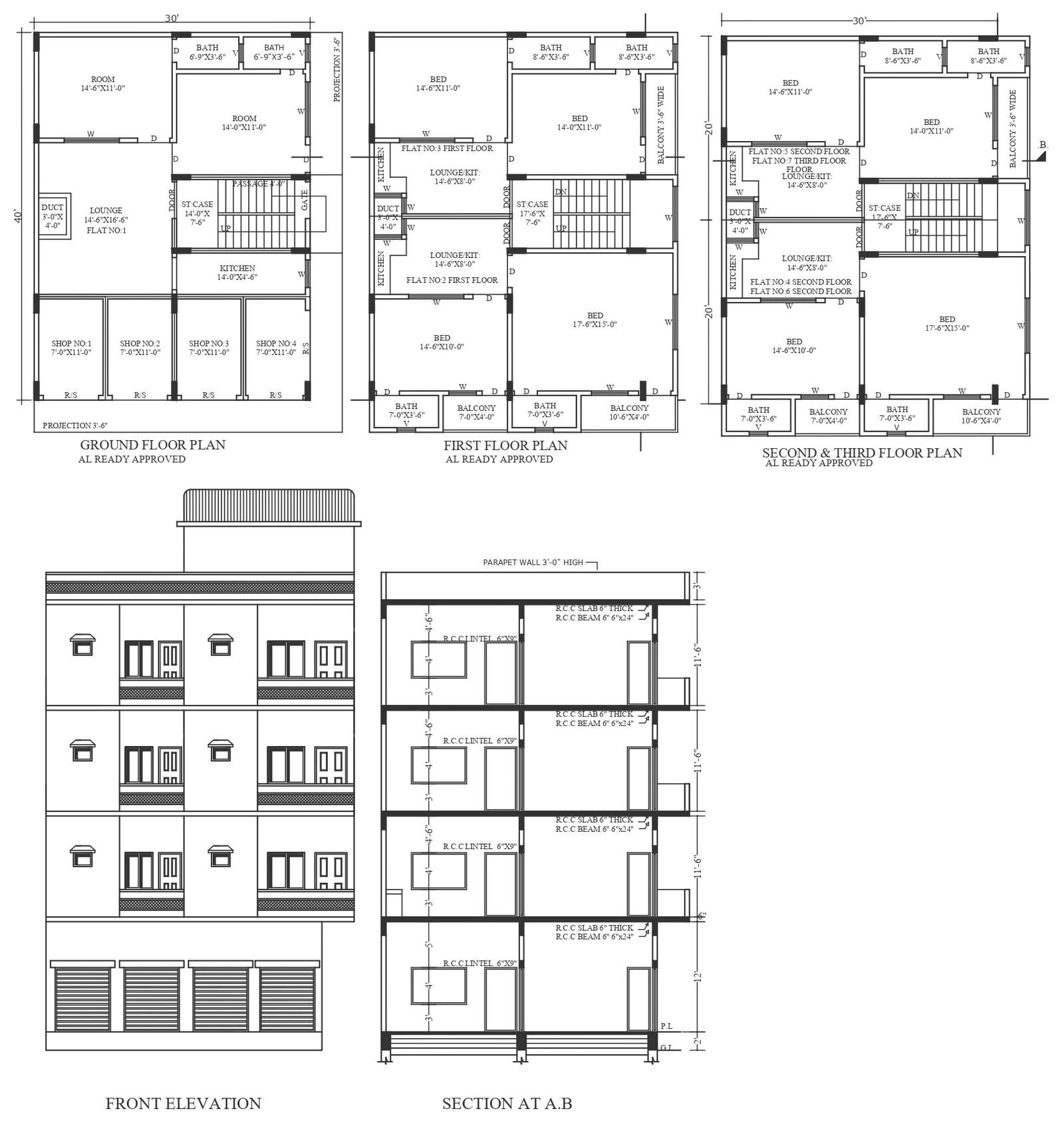 Low rise apartment design with shops detailed plan elevation and sections DWG autoCAD drawing
