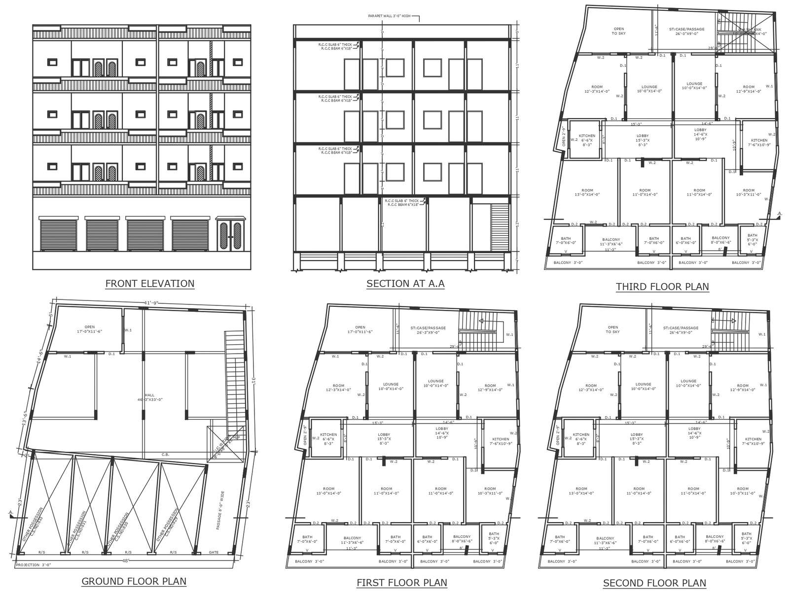 Low rise apartment with 3 bedroom design with section and elevation and furniture layout detail DWG autoCAD drawing