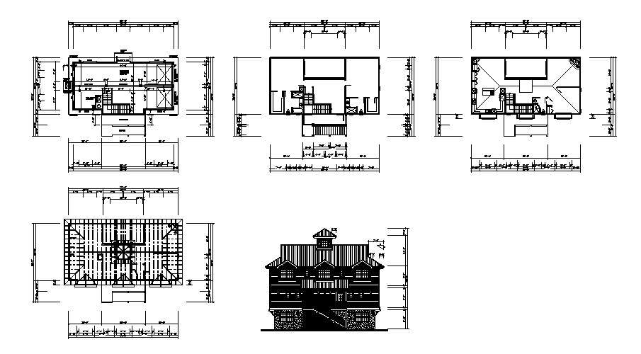 Luxuries one family bungalow main elevation and cover plan details dwg file