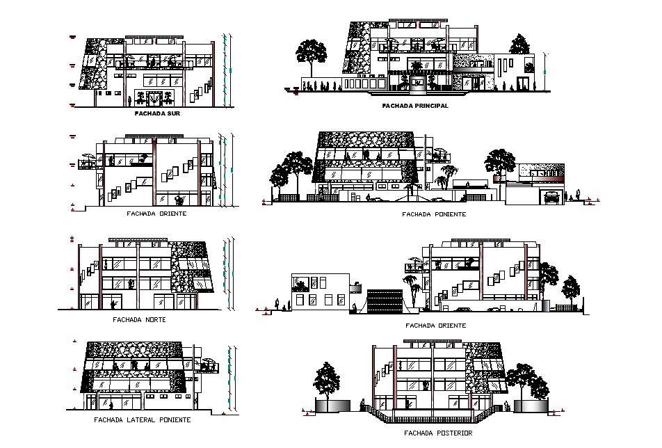 Luxuries villa type club house all sided elevation and section drawing details dwg file