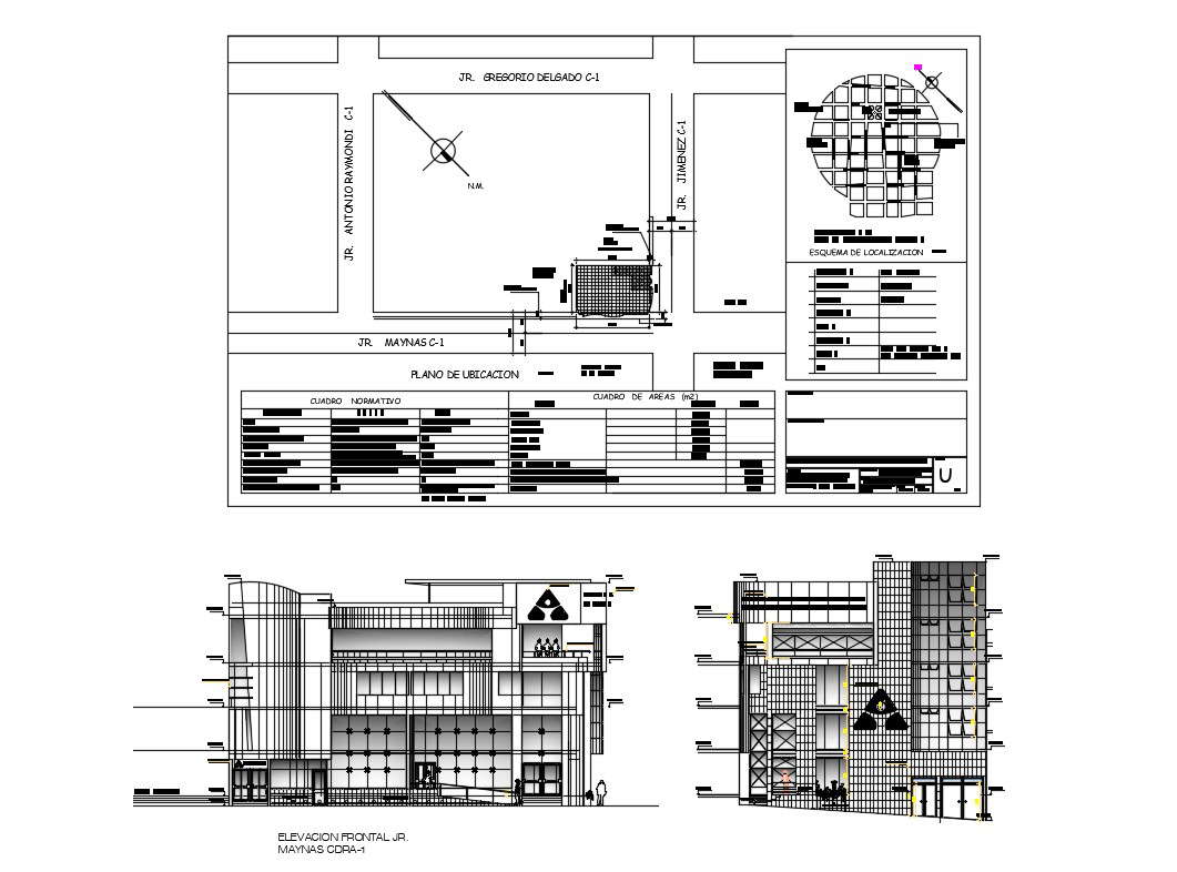 Main and cut elevation, site plan and auto-cad details of Association of savings and credits san martin building dwg file