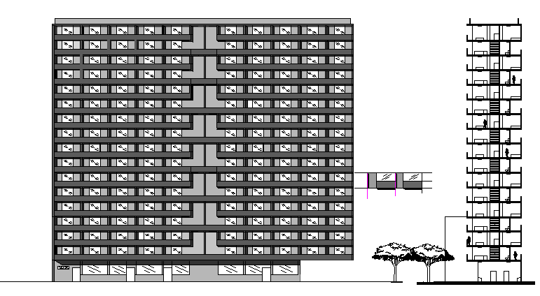 Main and side elevation of multi-family residential flats dwg file