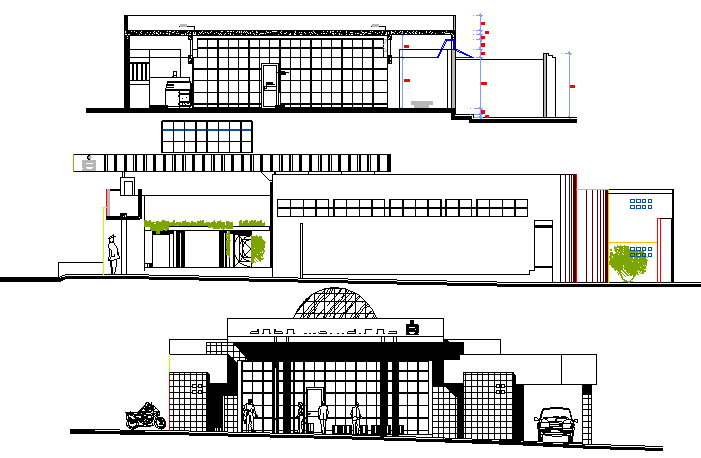 Main elevation and sectional view of municipality government office dwg file