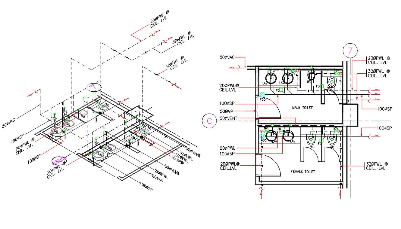 Male And Female Toilet Plan With Isometric CAD Drawing