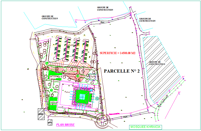 Mass plan with location view of mosque dwg file 