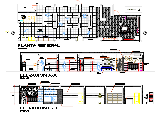 Mini market Plan and elevation detail dwg file