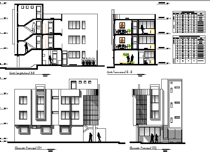 Multi -family dwelling housing building elevation and section dwg file