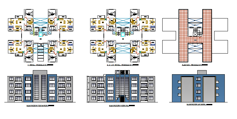 Multi-family apartment building elevation and floor plan details dwg file