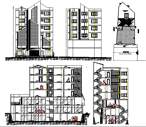 Multi-flooring city shopping center elevation and sectional view details dwg file