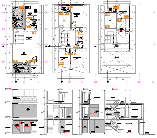 Multi-flooring modern bungalow architecture project dwg file
