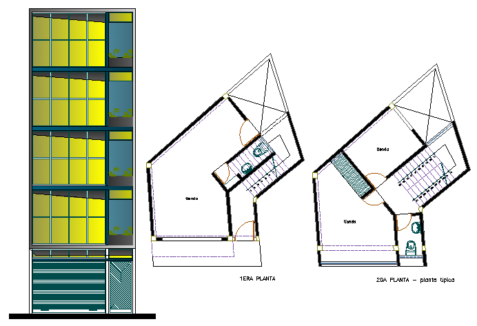 Multi-flooring office building elevation, sanitary installation of two floors dwg file