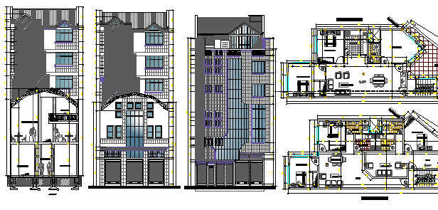 Multi-flooring residential building elevation, section and layout plan dwg file