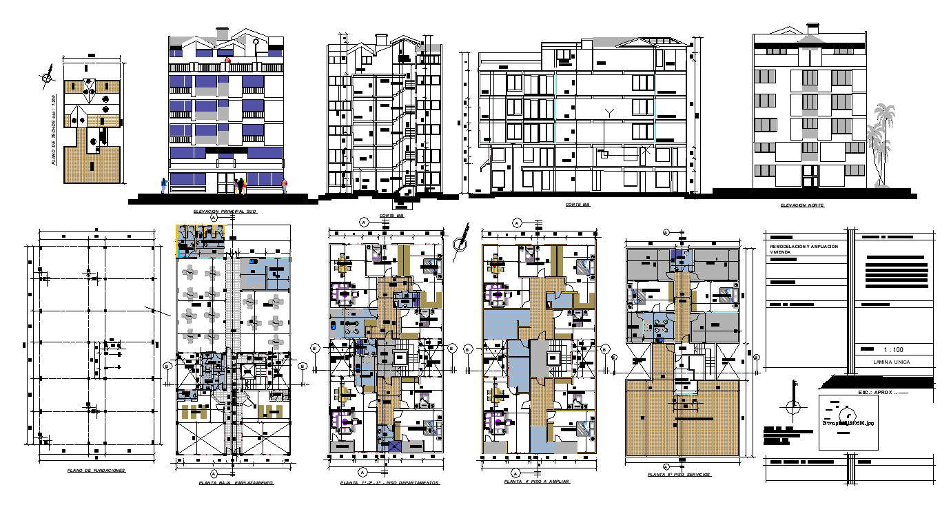 Multi-flooring residential flat building 2d view layout plan, elevation and sectional detail dwg file