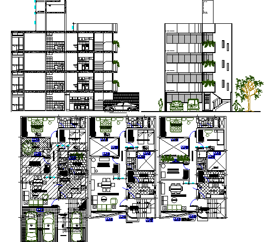 Multi-flooring residential flats elevation, section and layout plan details dwg file