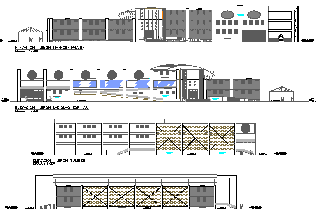 Multi-level super market elevation and sectional details dwg file