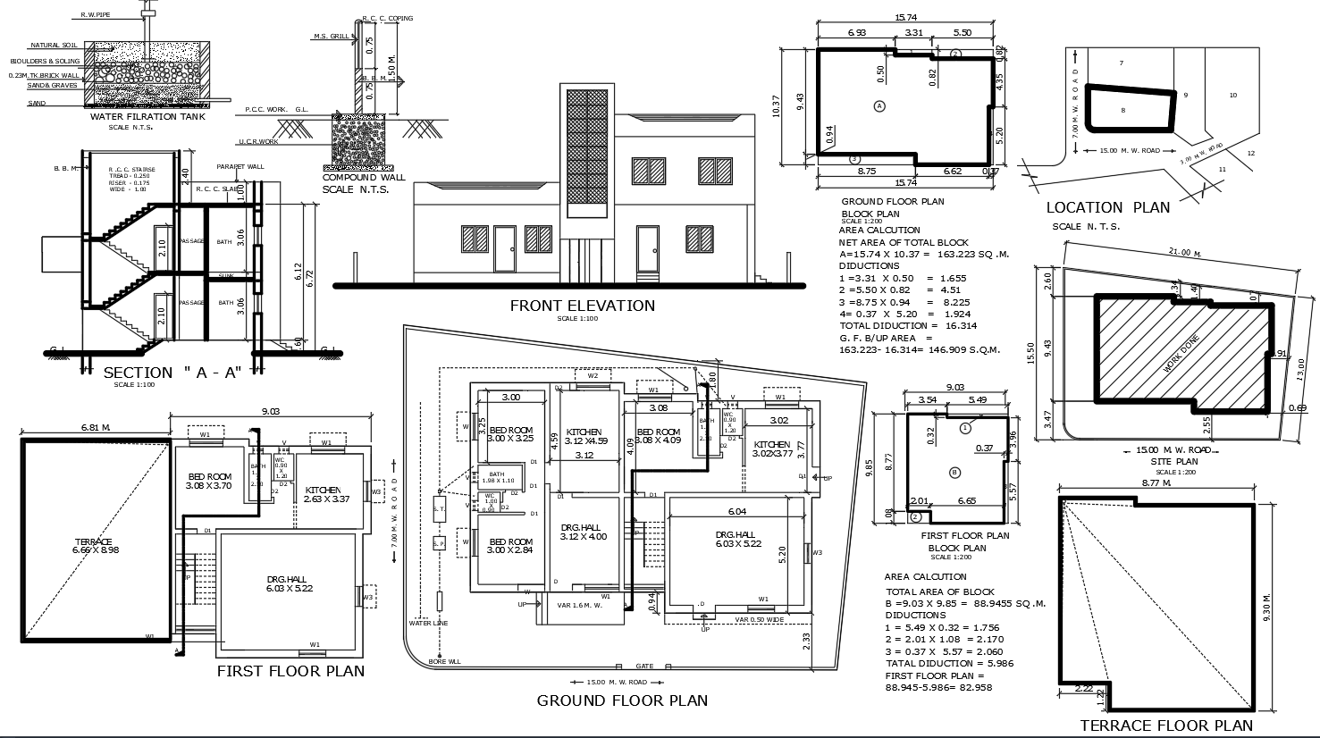 Multi-Story House Floor Plan with Elevation in DWG File