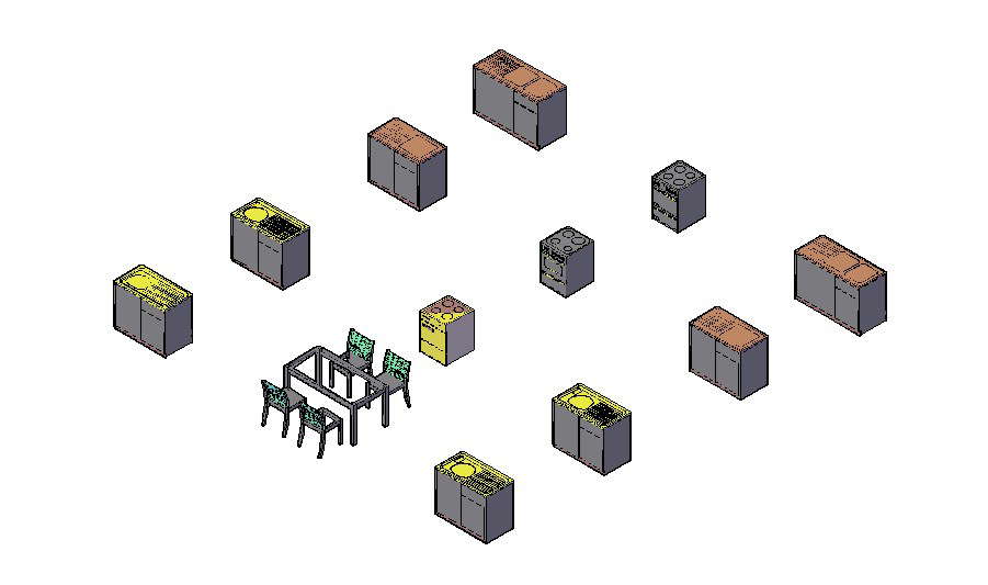 Multiple gas stove, dining table and kitchen furniture blocks 3d drawing details dwg file
