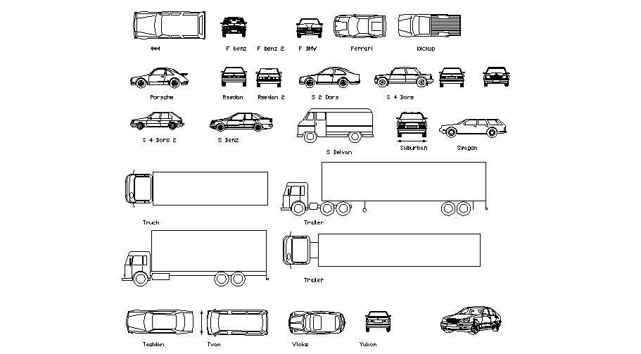 Multiple trucks, cars and vehicle blocks cad drawing details dwg file