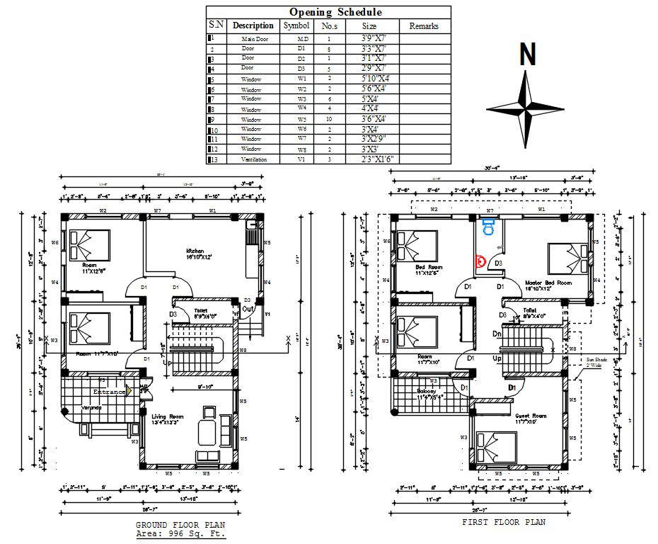North Facing 1000 SQFT House Plan With Door Window Schedule