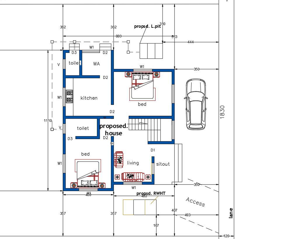 North Facing 2 BHK House Plan Download DWG File