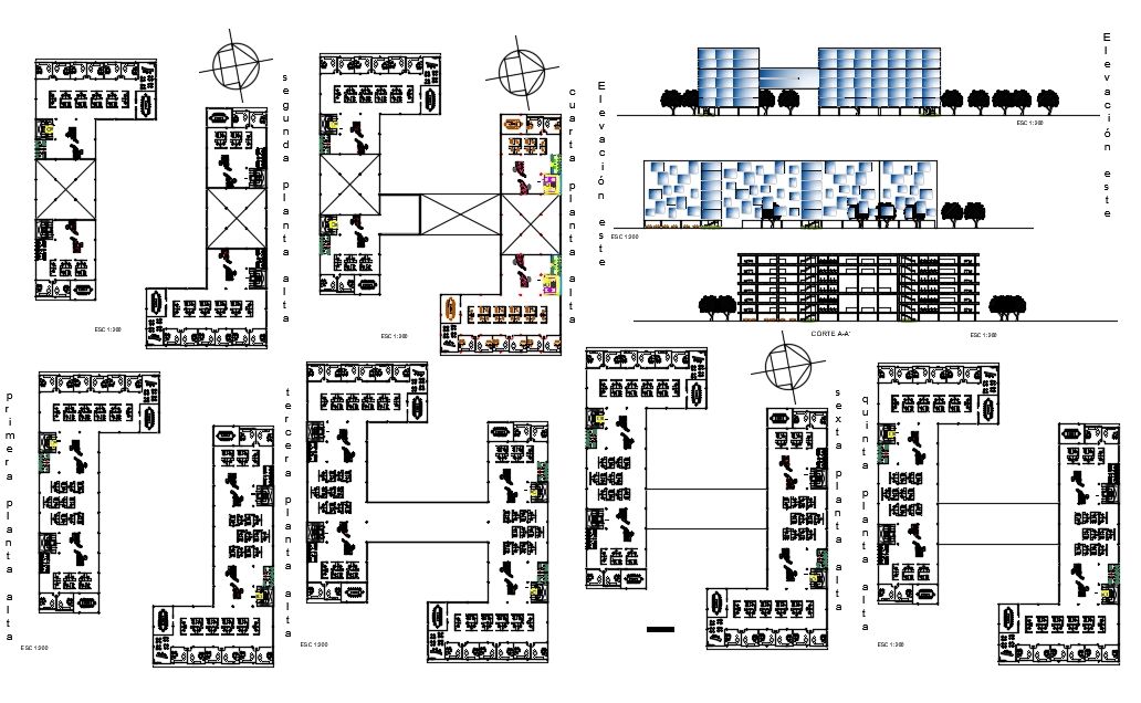 Office building elevation and section plan  