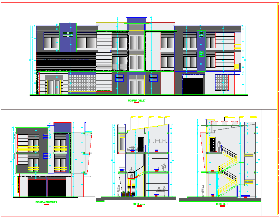 Office building elevation and section view detail dwg file