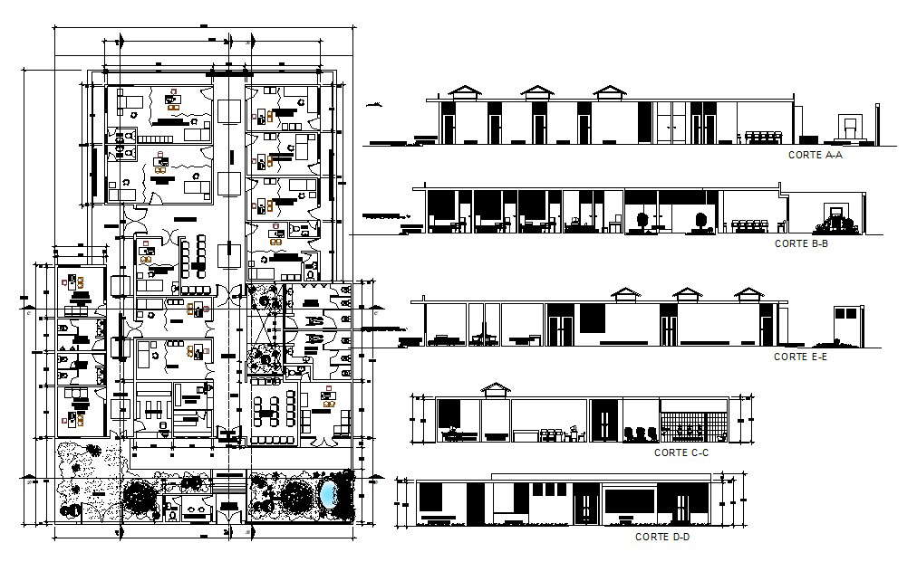 Office building with detail dimension in DWG file 