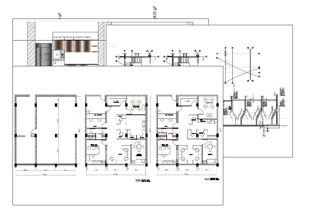 Office floor plan, cover plan, staircase construction and kitchen details dwg file