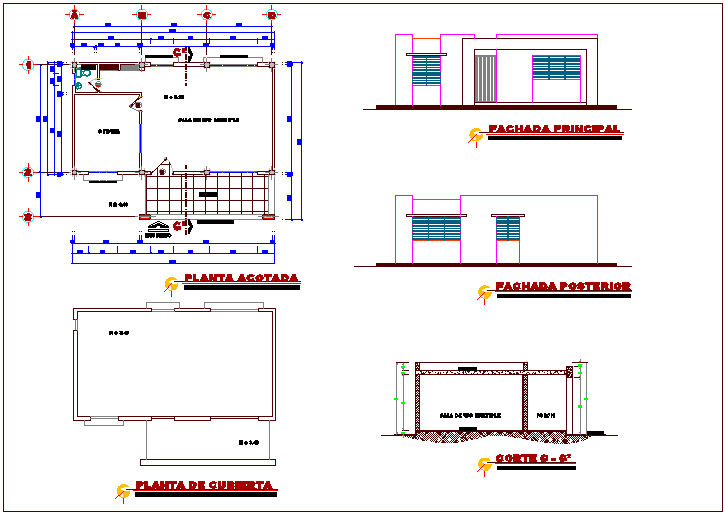 Office of communication building ground floor plan,elevation and section view dwg file