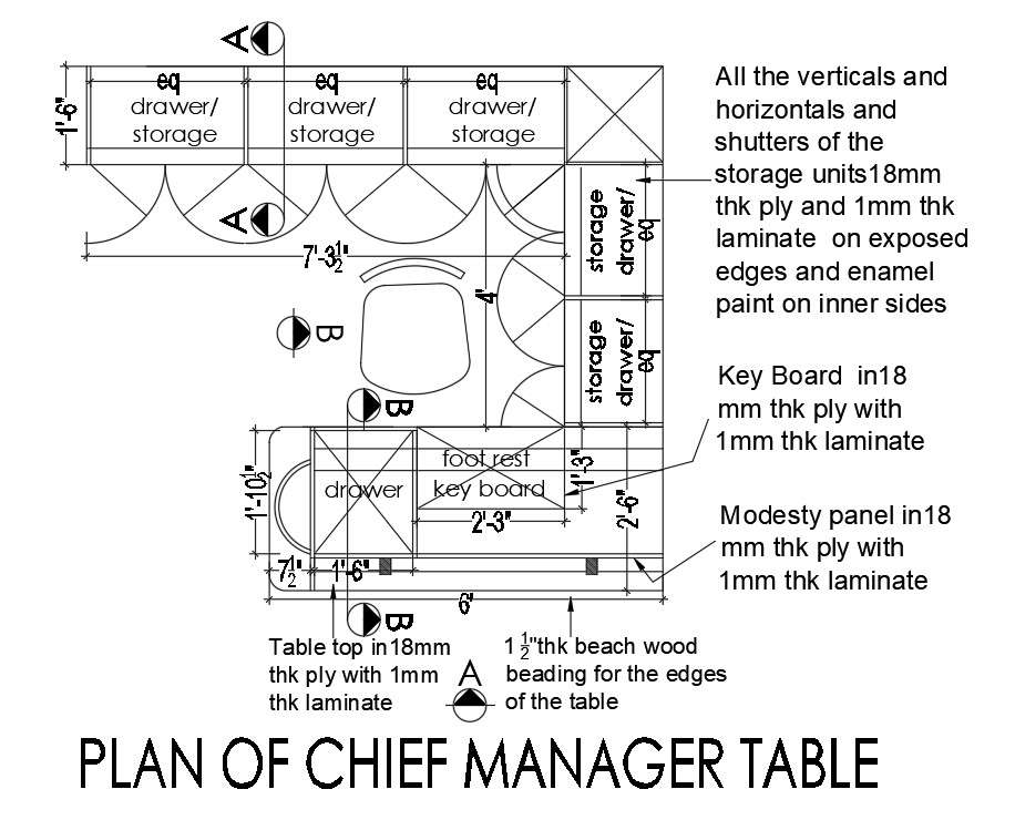 Office Manager Table Plan AutoCAD Drawing Download DWG File