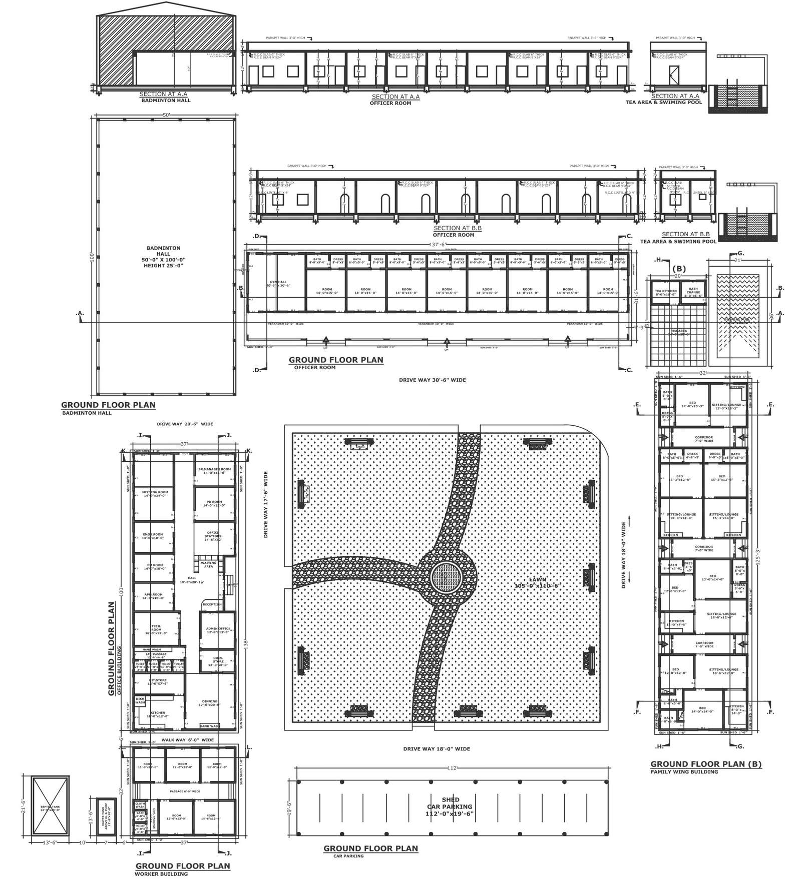 Office building and staff quarter design with lawn area detailed plan sections and elevation DWG autoCAD drawing