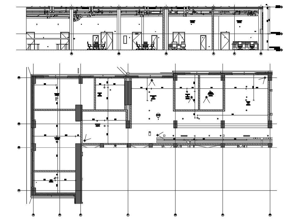 Office ceiling plan and interior elevation of the mezzanine of hotel building is given in this 2D Autocad DWG drawing file. Download the Autocad DWG drawing file.