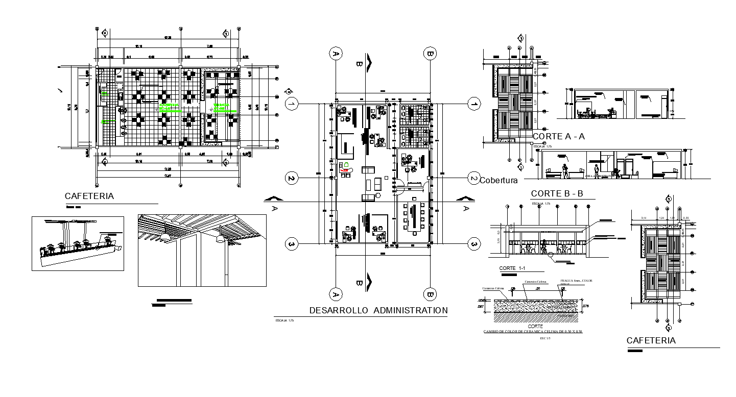 Offices-cafeteria Section plan and layout plan dwg file