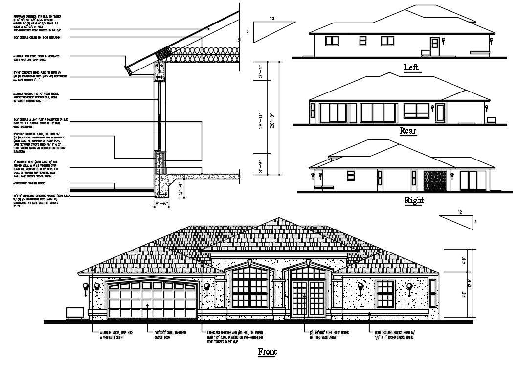 One Level House Elevation Design DWG File