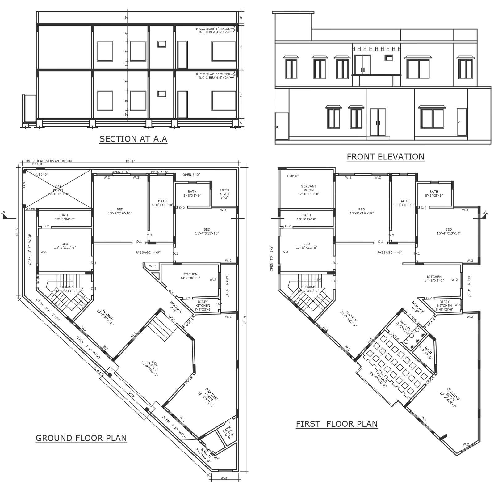 Over head servant room design in double storey bungalow detailed floor plan section and elevation DWG autoCAD 