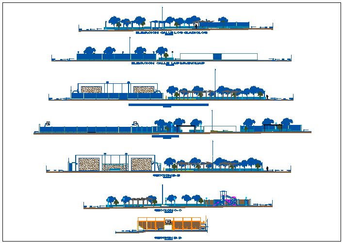 Park garden plan and elevation view detail dwg file