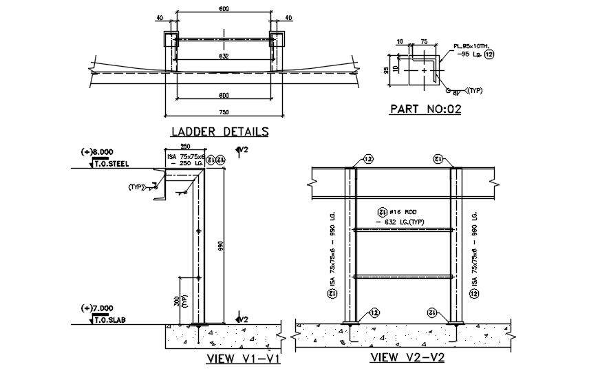 Partial section details of the ladder are given in this 2D AutoCAD DWG drawing. Download the AutoCAD 2D DWG file.